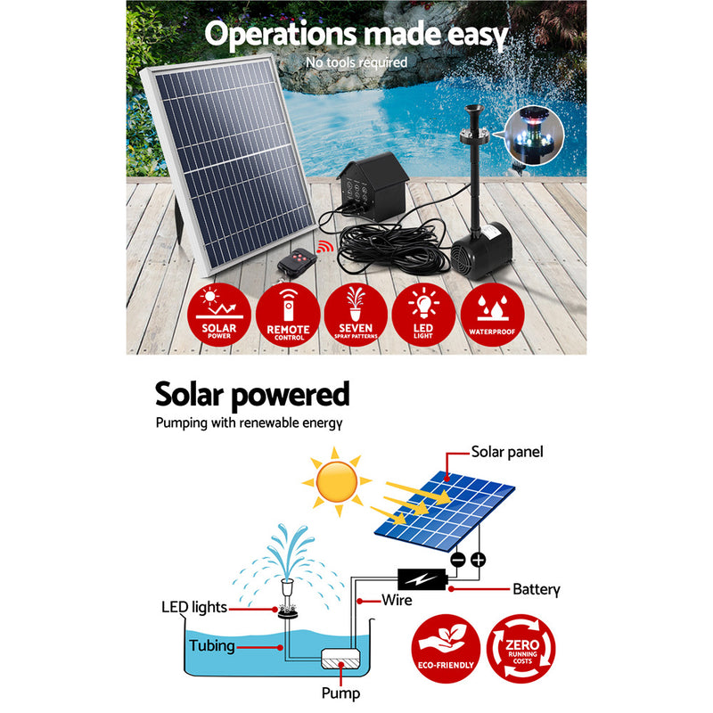 Dealsmate  Solar Pond Pump with Battery Kit LED Lights 8.8 FT