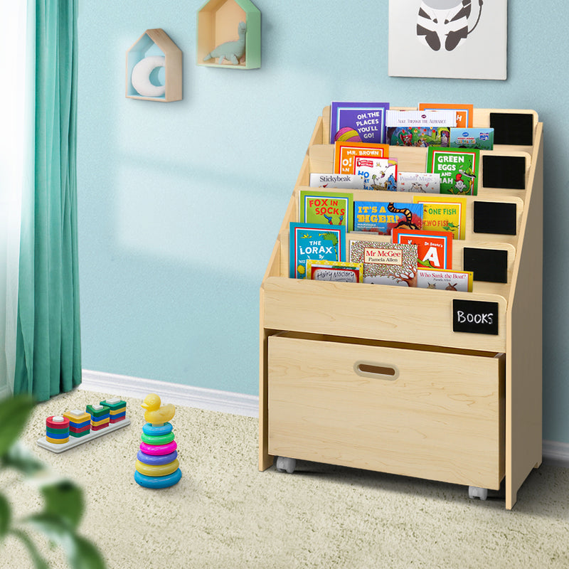 Dealsmate Keezi Kids Natural Wood Bookshelf Storage Organiser Bookcase Drawers Children