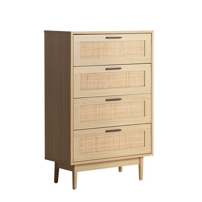 Dealsmate  4 Chest of Drawers Rattan Tallboy Cabinet Bedroom Clothes Storage Wood