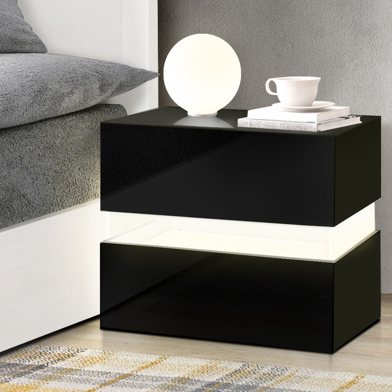 Dealsmate  Bedside Table LED 2 Drawers - LUMI Black