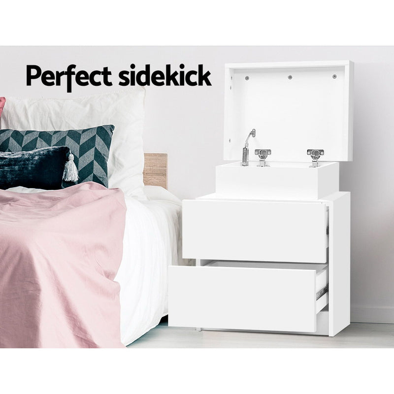 Dealsmate  Bedside Table 2 Drawers Lift-up Storage - COLEY White