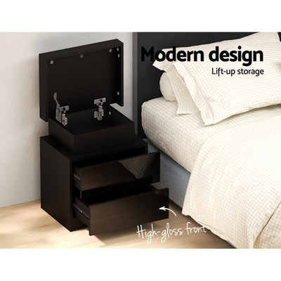 Dealsmate  Bedside Table LED 2 Drawers Lift-up Storage - COLEY Black