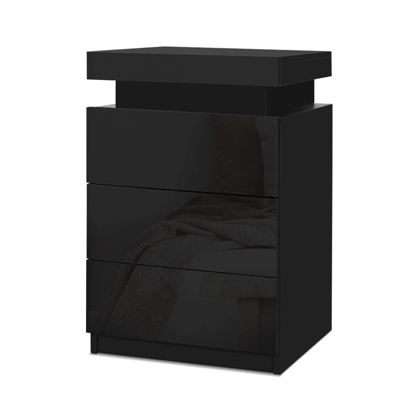 Dealsmate  Bedside Tables Side Table 3 Drawers RGB LED High Gloss Nightstand Black