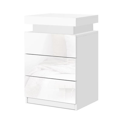 Dealsmate  Bedside Tables Side Table 3 Drawers RGB LED High Gloss Nightstand White