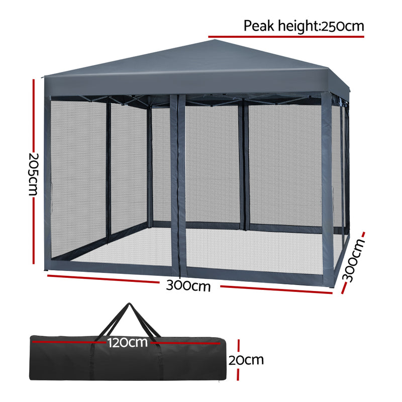 Dealsmate Instahut Gazebo Pop Up Marquee 3x3m Wedding Mesh Side Wall Outdoor Gazebos Grey