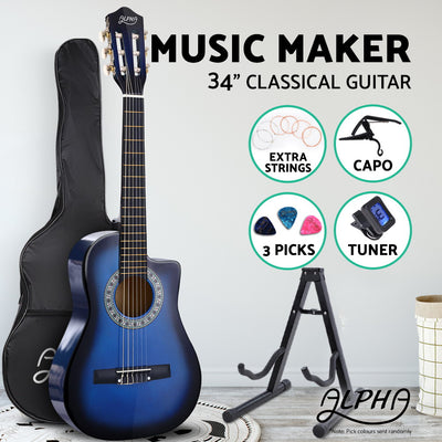 Dealsmate Alpha 34 Inch Classical Guitar Wooden Body Nylon String w/ Stand Beignner Blue