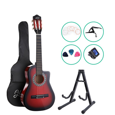 Dealsmate Alpha 34 Inch Guitar Classical Acoustic Cutaway Wooden Ideal Kids Gift Children 1/2 Size Red with Capo Tuner