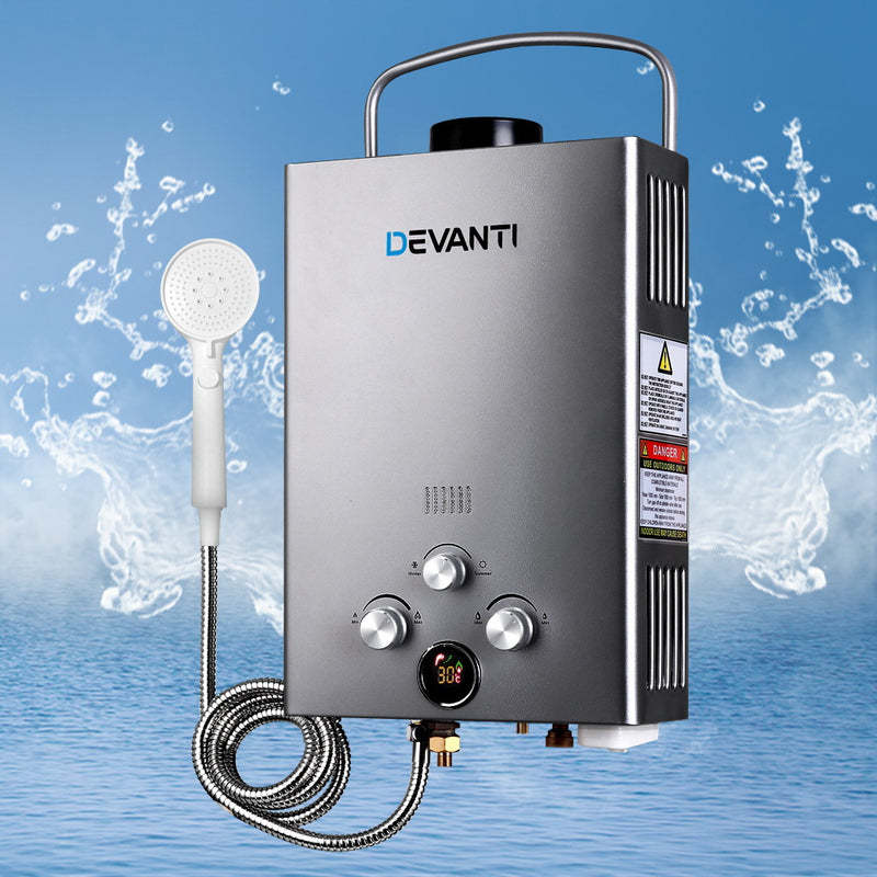 Dealsmate Devanti Portable Gas Water Heater 8LPM Outdoor Camping Shower Grey