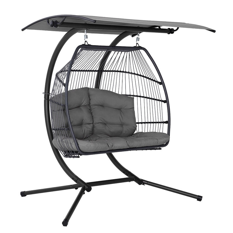 Dealsmate  Outdoor Egg Swing Chair Wicker Furniture Pod Stand Canopy 2 Seater Grey