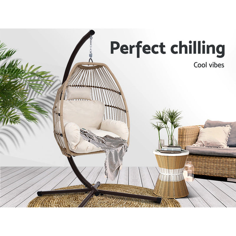 Dealsmate  Outdoor Egg Swing Chair Wicker Rope Furniture Pod Stand Cushion Latte