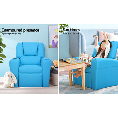 Dealsmate Keezi Kids Recliner Chair Blue PU Leather Sofa Lounge Couch Children Armchair