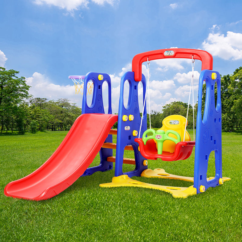 Dealsmate Keezi Kids Slide Swing Set Basketball Hoop Outdoor Playground Toys 120cm Blue