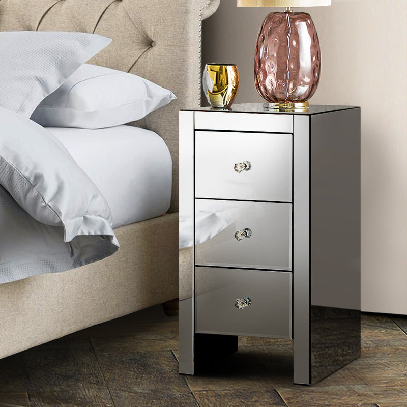 Dealsmate  Bedside Table 3 Drawers Mirrored - QUENN Grey
