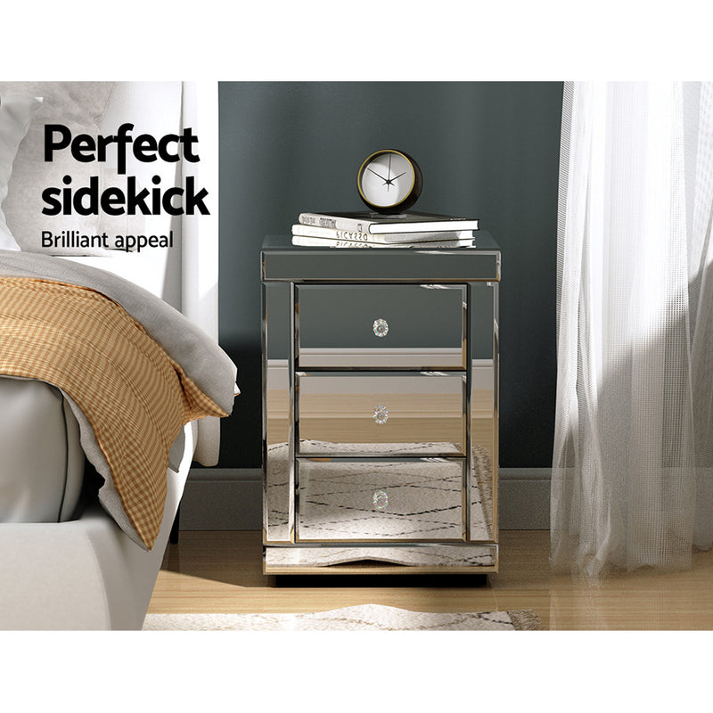 Dealsmate  Bedside Table 3 Drawers Mirrored - PRESIA Silver