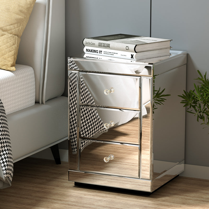 Dealsmate  Mirrored Bedside Table Drawers Furniture Mirror Glass Presia Silver