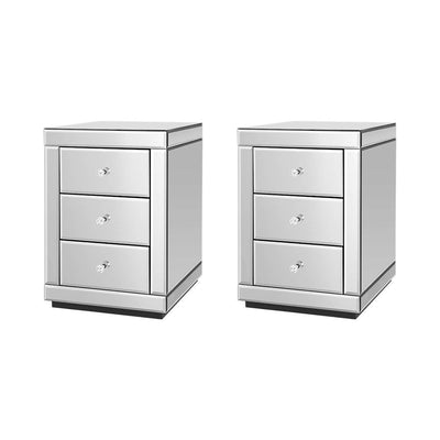 Dealsmate  Bedside Table 3 Drawers Mirrored X2 - PRESIA Silver