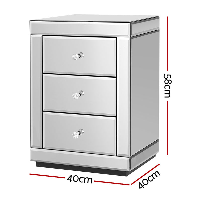 Dealsmate  Bedside Table 3 Drawers Mirrored X2 - PRESIA Silver