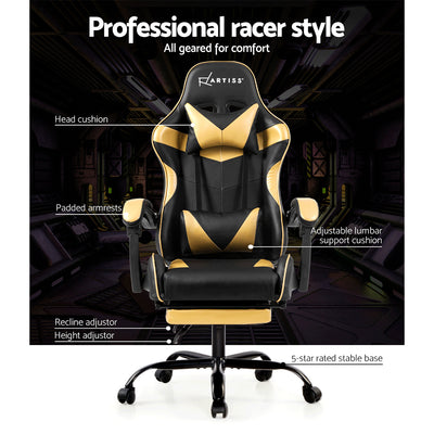 Dealsmate  Office Chair Gaming Chair Computer Chairs Recliner PU Leather Seat Armrest Footrest Black Golden