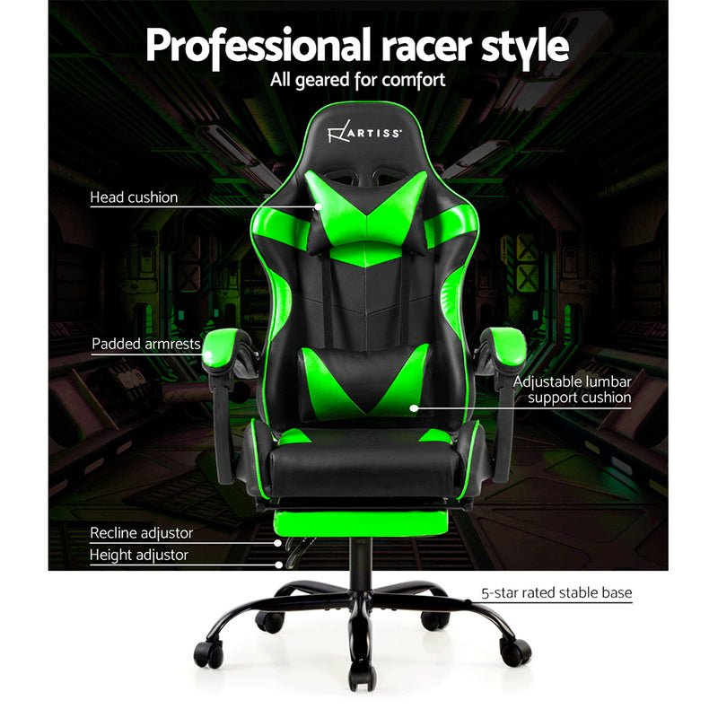 Dealsmate  Office Chair Gaming Chair Computer Chairs Recliner PU Leather Seat Armrest Footrest Black Green
