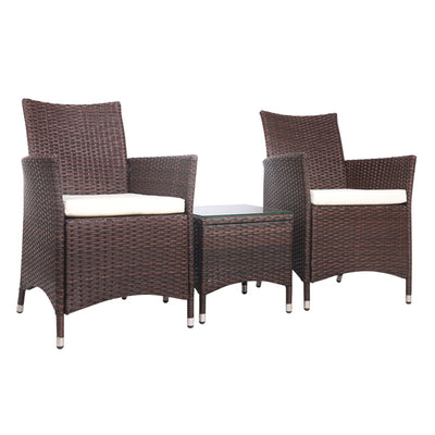 Dealsmate  3PC Outdoor Bistro Set Patio Furniture Wicker Setting Chairs Table Cushion Brown