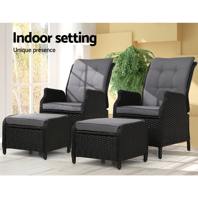Dealsmate  2PC Recliner Chair Sun lounge Wicker Lounger Outdoor Furniture Adjustable Black