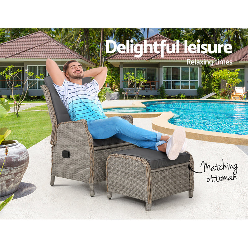 Dealsmate  Recliner Chair Sun lounge Wicker Lounger Outdoor Furniture Patio Adjustable Grey