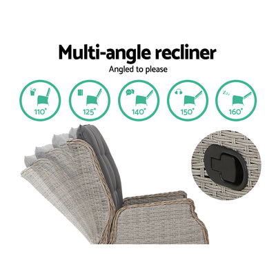 Dealsmate  2PC Recliner Chair Sun lounge Wicker Lounger Outdoor Furniture Adjustable Grey