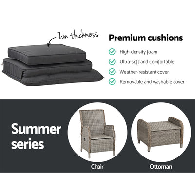 Dealsmate  2PC Recliner Chair Sun lounge Wicker Lounger Outdoor Furniture Adjustable Grey