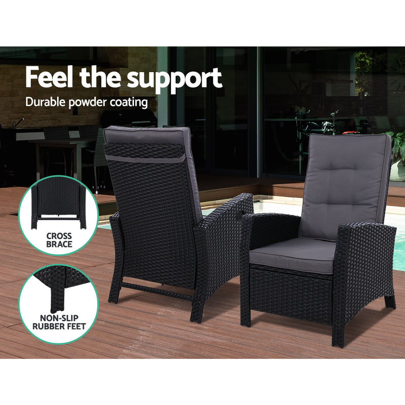 Dealsmate Sun lounge Recliner Chair Wicker Lounger Sofa Day Bed Outdoor Furniture Patio Garden Cushion Ottoman Black  