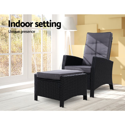 Dealsmate Sun lounge Recliner Chair Wicker Lounger Sofa Day Bed Outdoor Furniture Patio Garden Cushion Ottoman Black  