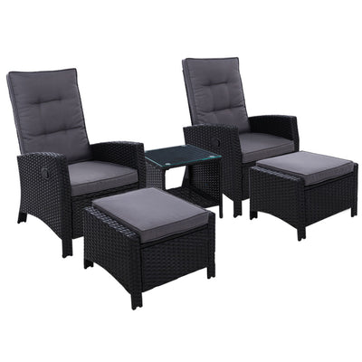 Dealsmate  Outdoor Patio Furniture Recliner Chairs Table Setting Wicker Lounge 5pc Black