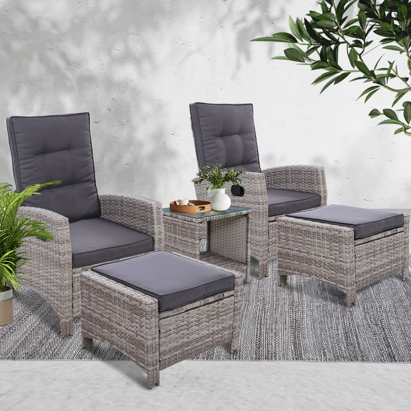 Dealsmate  5PC Recliner Chairs Table Sun lounge Wicker Outdoor Furniture Adjustable Grey