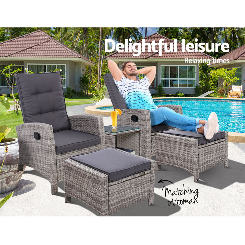 Dealsmate  5PC Recliner Chairs Table Sun lounge Wicker Outdoor Furniture Adjustable Grey