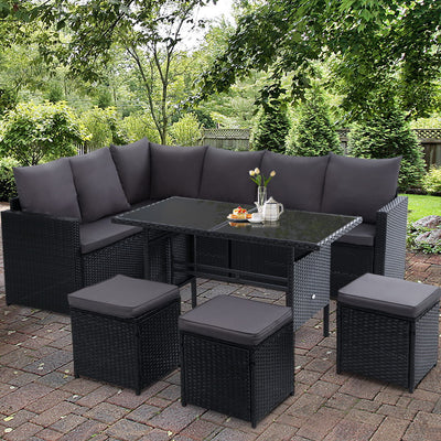 Dealsmate  Outdoor Dining Set Sofa Lounge Setting Chairs Table Ottoman Black Cover