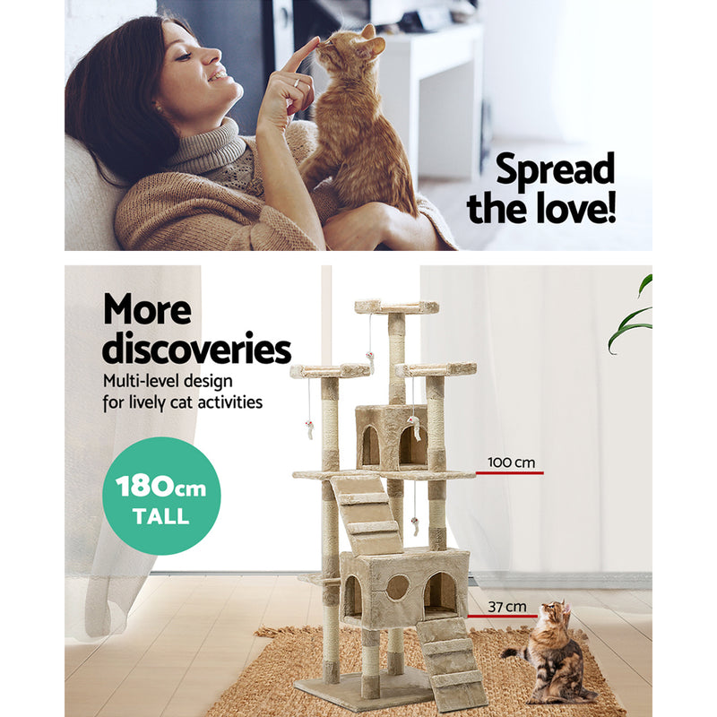 Dealsmate  Cat Tree 180cm Tower Scratching Post Scratcher Wood Condo House Toys Beige