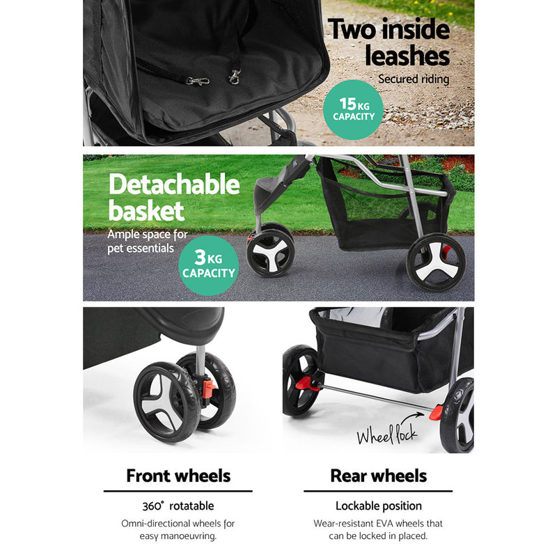 Dealsmate  3 Wheel Pet Stroller - Black