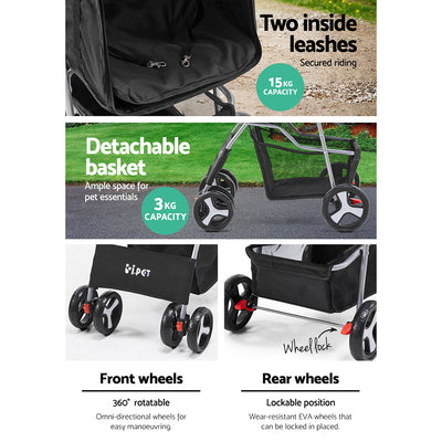Dealsmate  4 Wheel Pet Stroller - Black