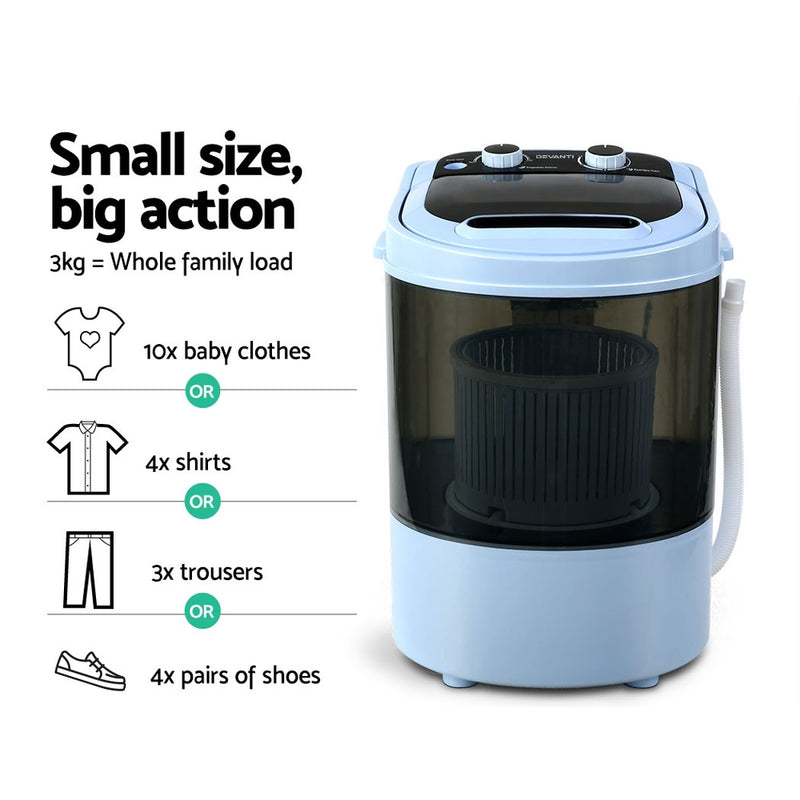 Dealsmate Devanti 3KG Mini Portable Washing Machine Shoes Wash Top Load Spin Camp Caravan