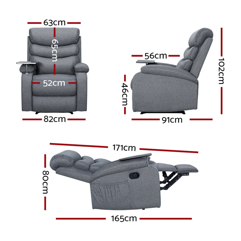 Dealsmate  Recliner Chair Lounge Sofa Armchair Chairs Couch Fabric Grey Tray Table