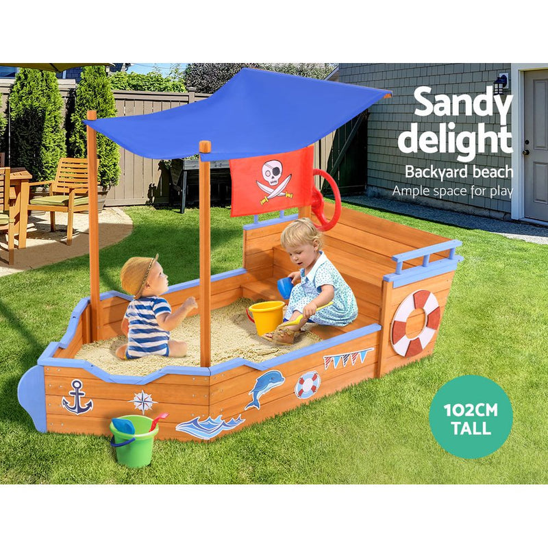 Dealsmate Keezi Kids Sandpit Wooden Boat Sand Pit with Canopy Bench Seat Beach Toys 165cm