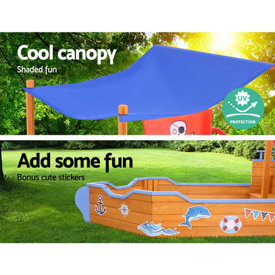 Dealsmate Keezi Kids Sandpit Wooden Boat Sand Pit with Canopy Bench Seat Beach Toys 165cm