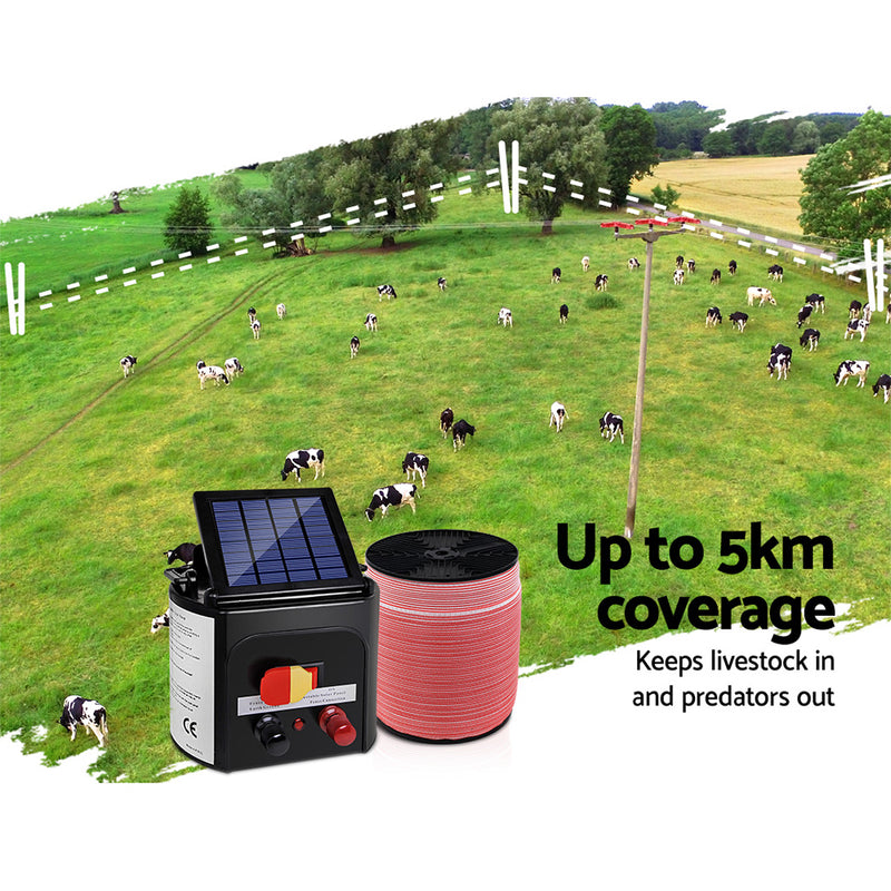 Dealsmate  Electric Fence Energiser 5km Solar Powered 0.15j Set+ 1200m Tape