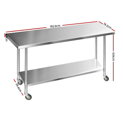 Dealsmate Cefito 1829x760mm Stainless Steel Kitchen Bench with Wheels 430