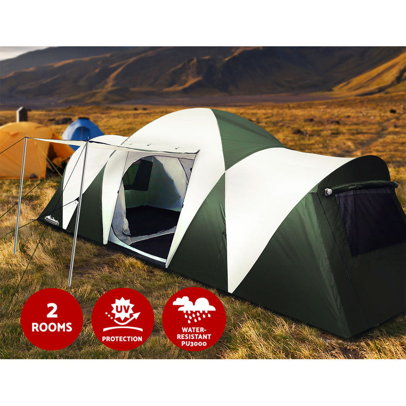 Dealsmate Weisshorn Family Camping Tent 12 Person Hiking Beach Tents (3 Rooms) Green