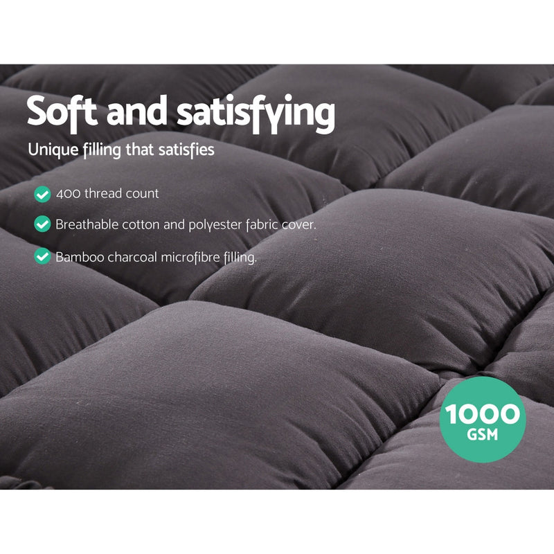 Dealsmate Giselle King Single Mattress Topper Pillowtop 1000GSM Charcoal Microfibre Bamboo Fibre Filling Protector