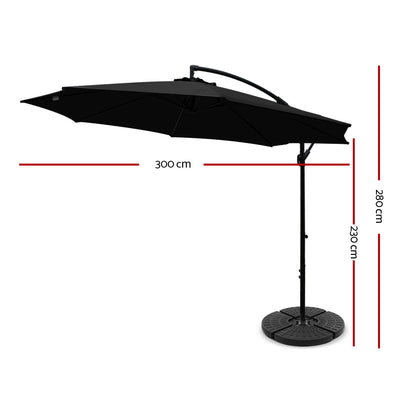 Dealsmate Instahut 3M Umbrella with 48x48cm Base Outdoor Umbrellas Cantilever Sun Beach Garden Patio Black