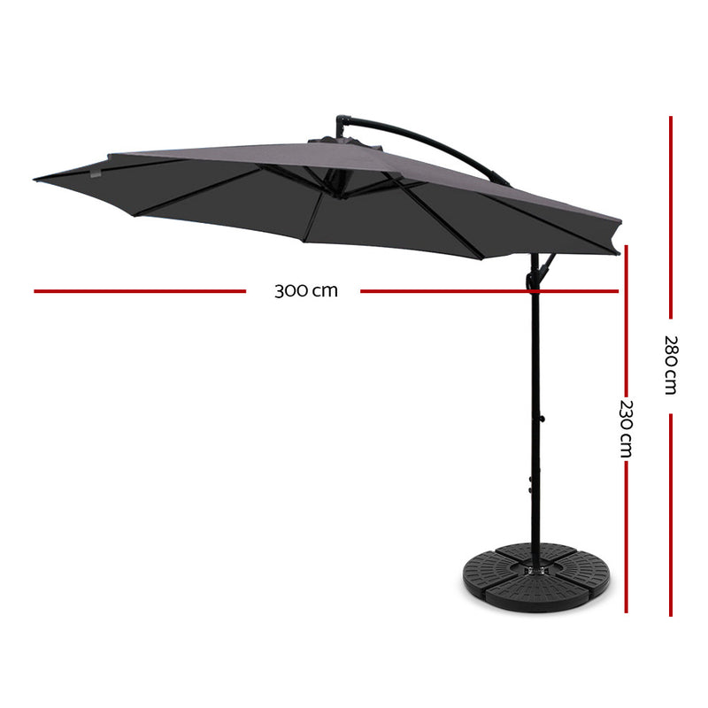 Dealsmate Instahut 3M Umbrella with 48x48cm Base Outdoor Umbrellas Cantilever Sun Beach Garden Patio Charcoal