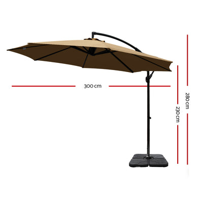 Dealsmate Instahut 3M Umbrella with 50x50cm Base Outdoor Umbrellas Cantilever Sun Stand UV Garden Beige