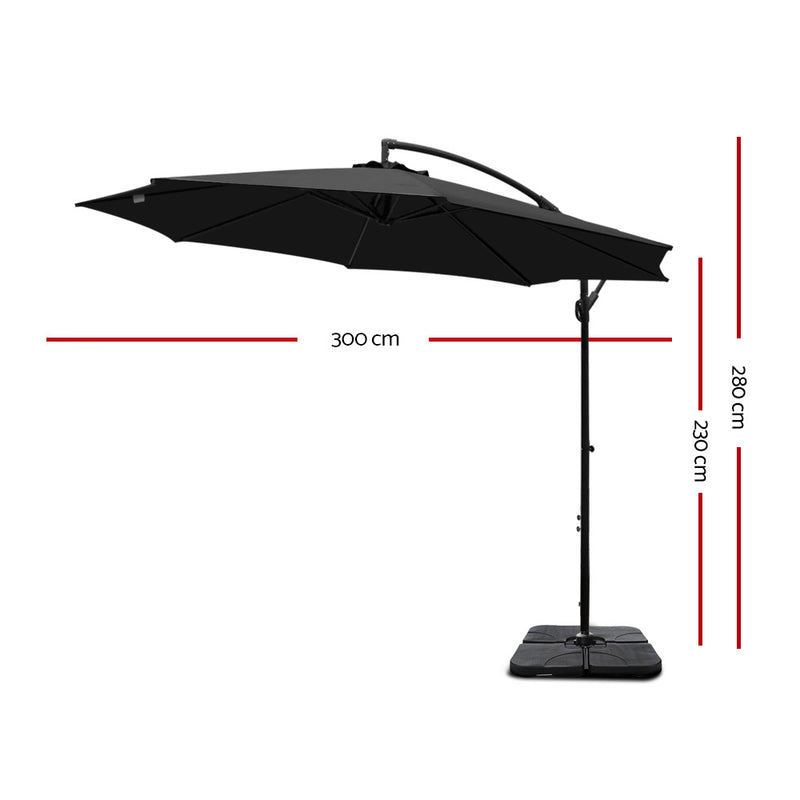 Dealsmate Instahut 3M Umbrella with 50x50cm Base Outdoor Umbrellas Cantilever Sun Stand UV Garden Black