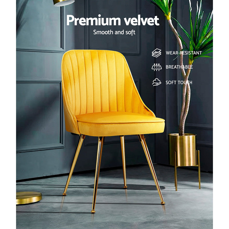 Dealsmate  Set of 2 Dining Chairs Retro Chair Cafe Kitchen Modern Metal Legs Velvet Yellow